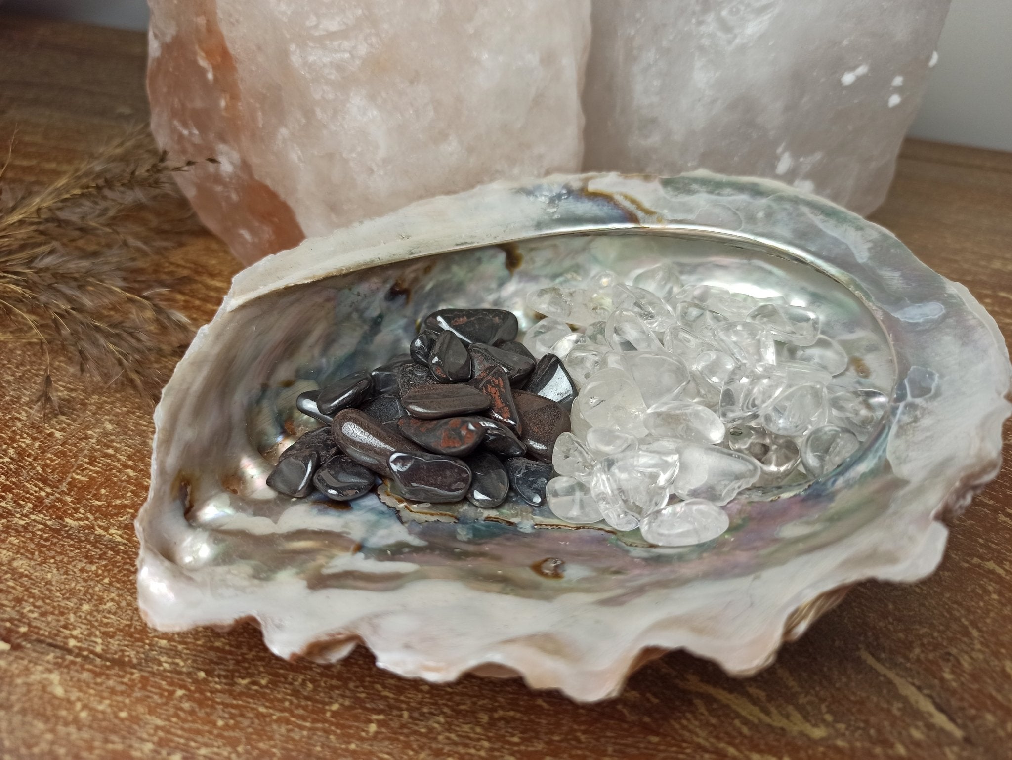 Abalone schelp met op - en ontlaadset – curated crystal by Marga Jacobs | rust, symboliek en intuïtieve zelfzorg