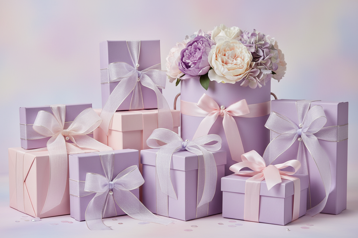 cadeautjes in zachte paarse en roze pastelkleuren