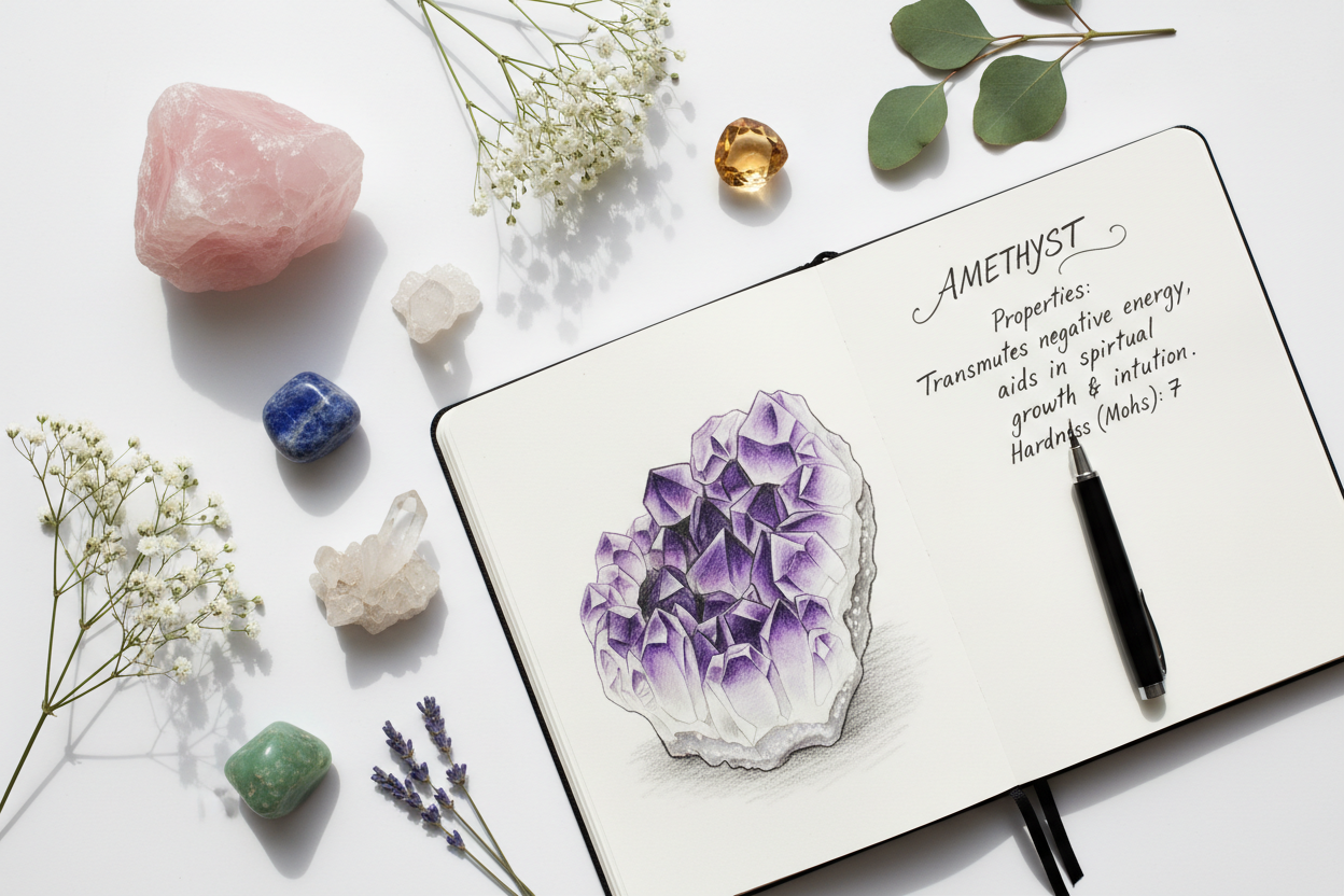 De ruwe amethist in het boek mag ingekleurd zijn en op de rechterbladzijde mag tekst staan over de werking van amethist en hardheid