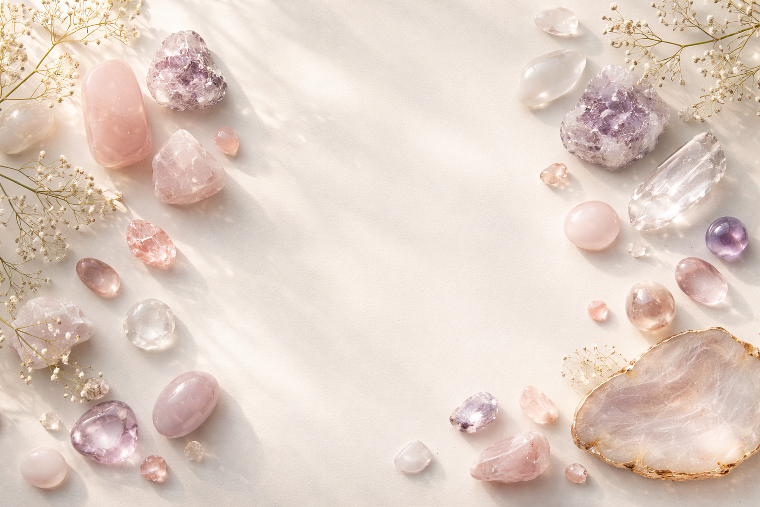 Verjaardagsweek met 20% korting op edelstenen bij Marga Jacobs, flatlay van natuurlijke kristallen in zacht daglicht.