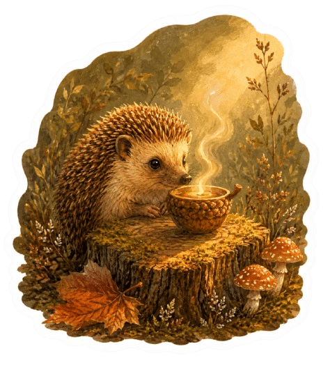 Egeltje met herfstthee - sticker – bijzondere edelsteen, zorgvuldig gekozen door Marga Jacobs