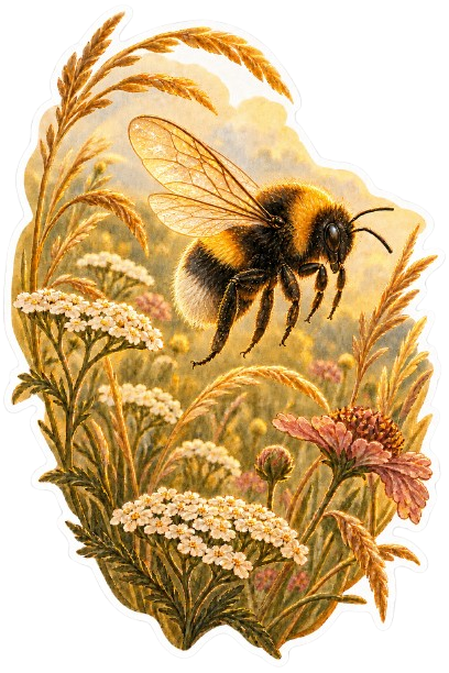 Hommel in bloemenweide - sticker – bijzondere edelsteen, zorgvuldig gekozen door Marga Jacobs