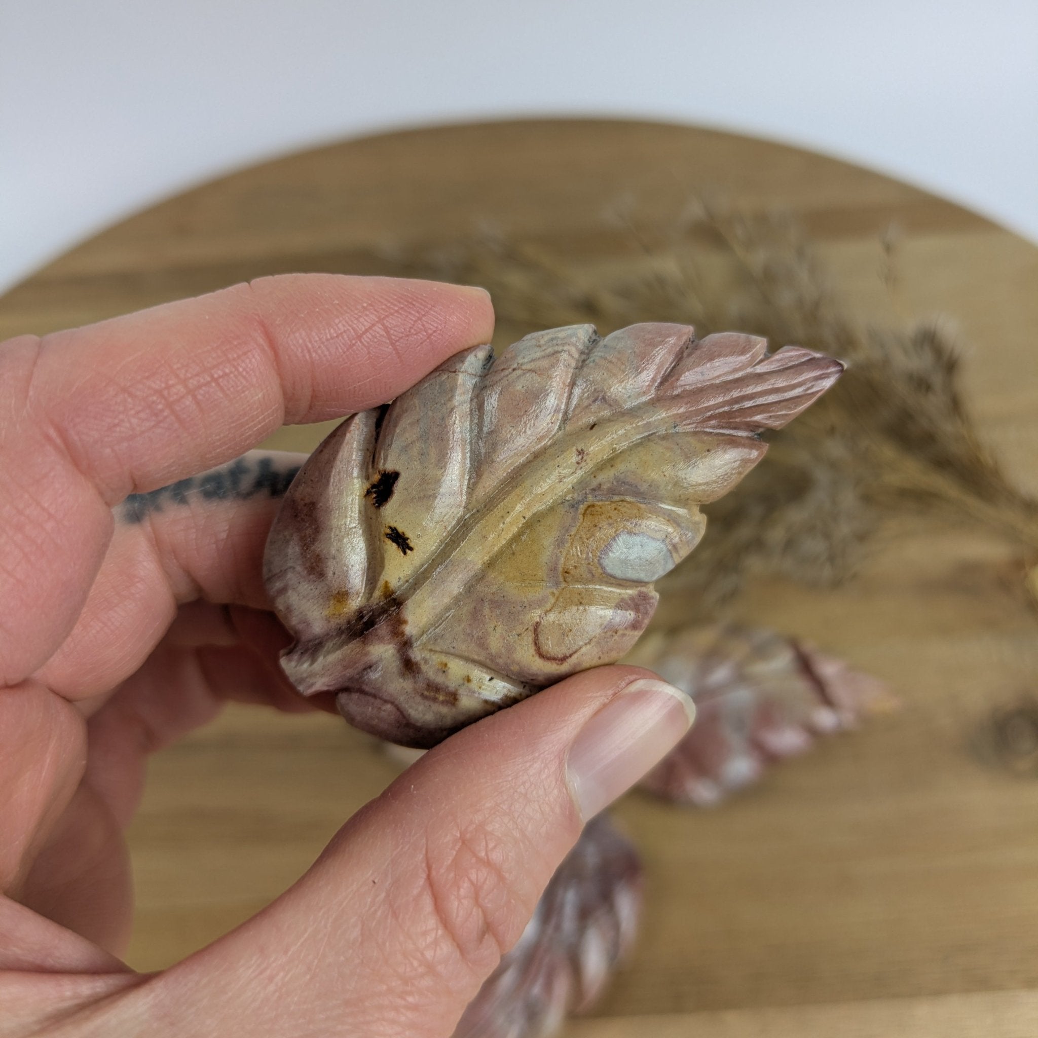 Polychroom jaspis blad – curated crystal by Marga Jacobs | rust, symboliek en intuïtieve zelfzorg