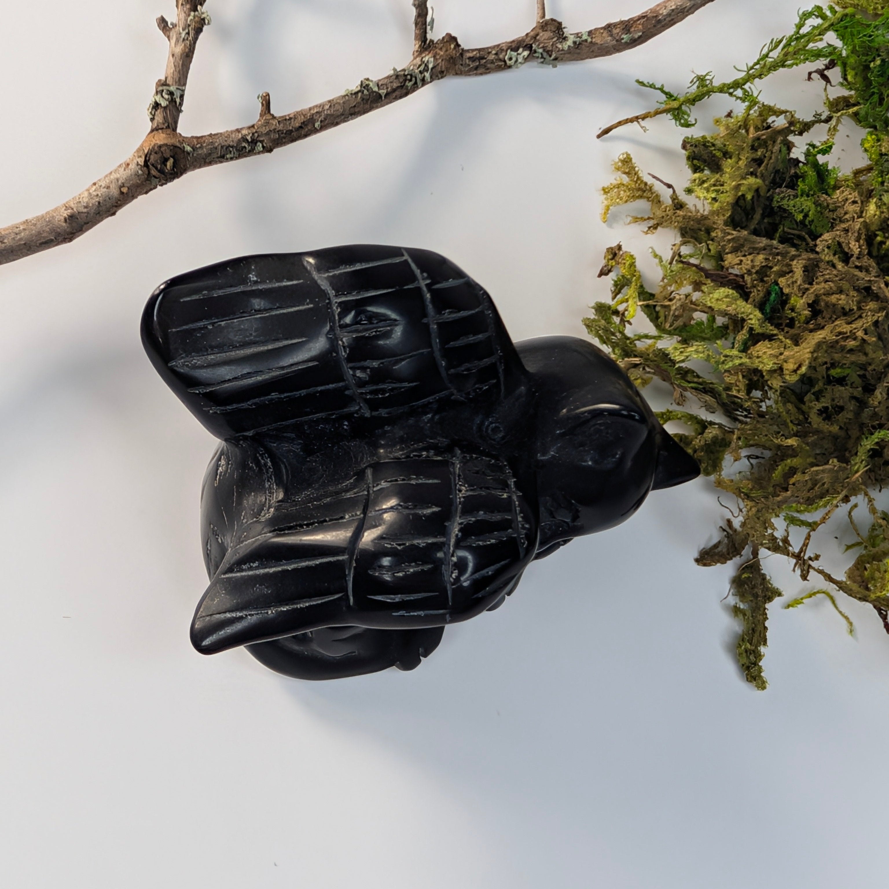 Zwarte obsidiaan slapend katje met vleugels
