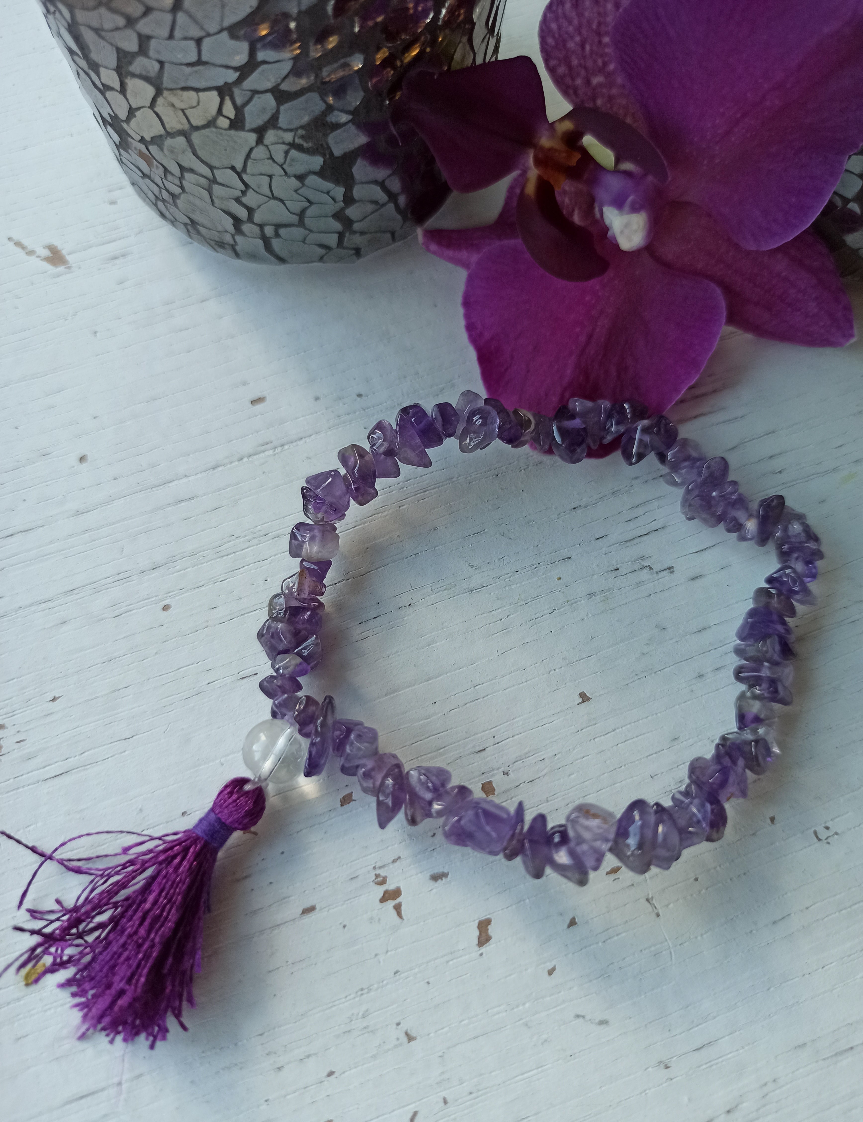 Amethist edelsteen armband split met flosje | Marga Jacobs