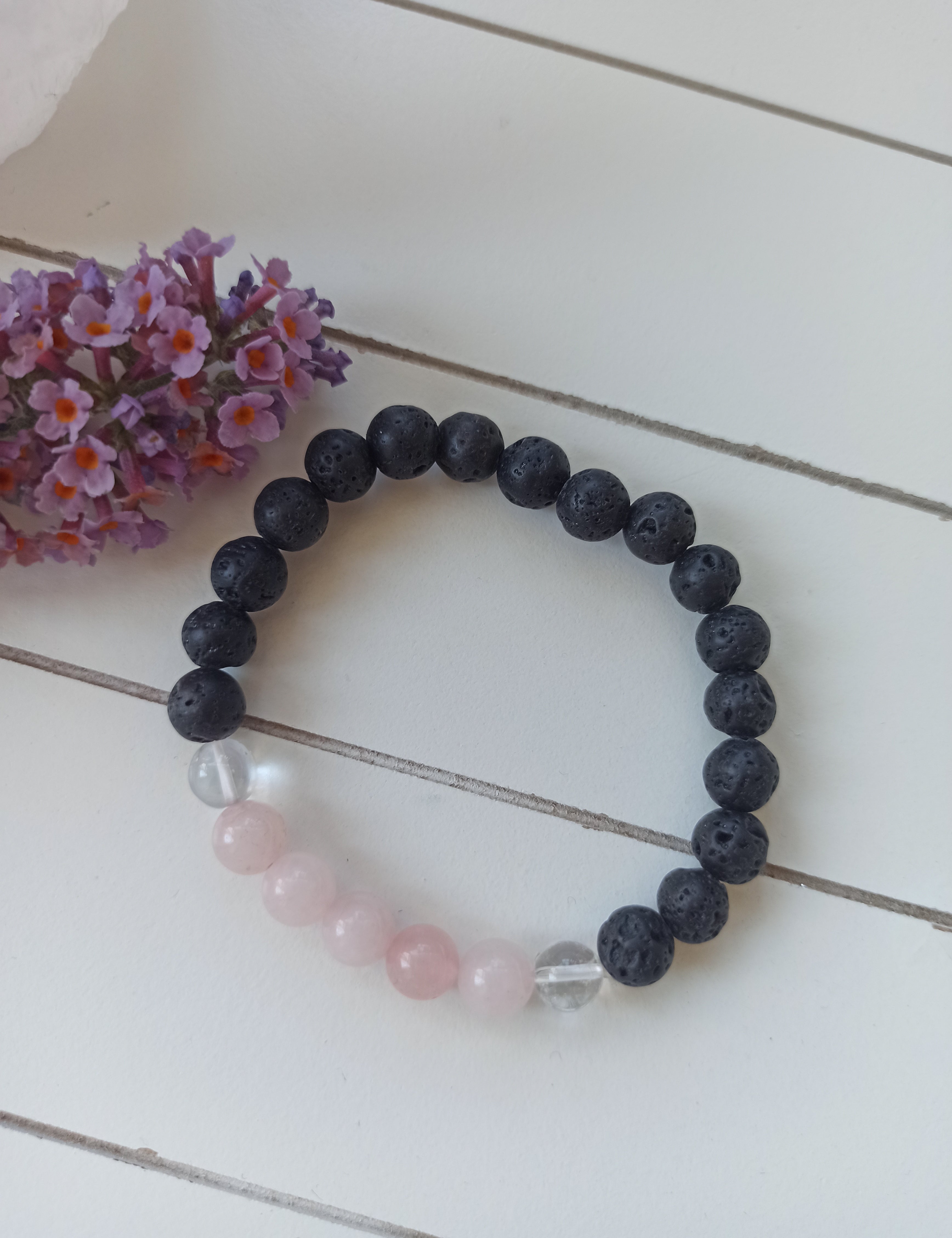 Lavasteen - Rozenkwarts - Berkgristal edelsteen armband | 8 mm | Marga Jacobs