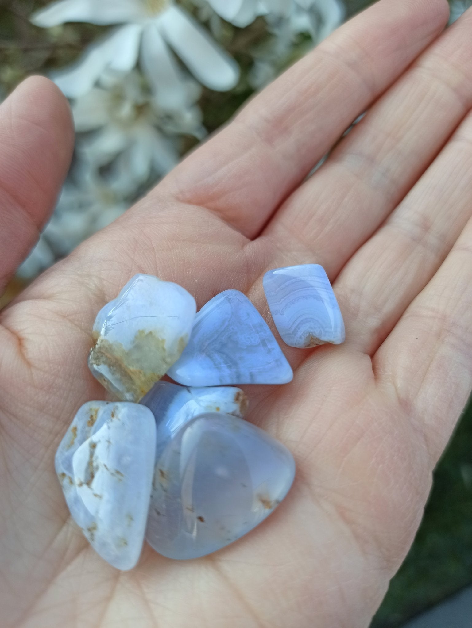 Blauwe chalcedoon trommelstenen – curated crystal by Marga Jacobs | rust, symboliek en intuïtieve zelfzorg