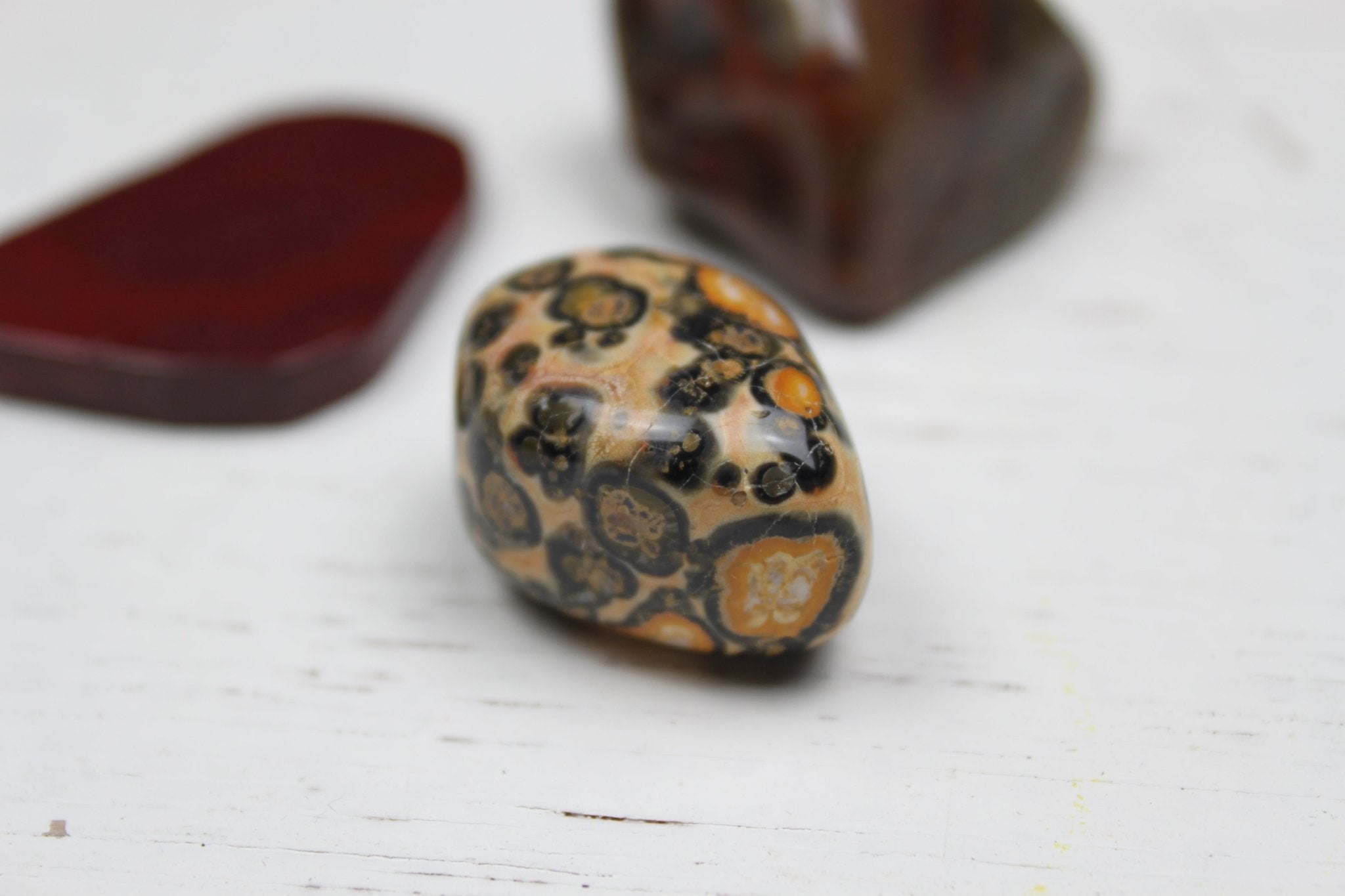 Leopardskin jaspis trommelstenen – curated crystal by Marga Jacobs | rust, symboliek en intuïtieve zelfzorg