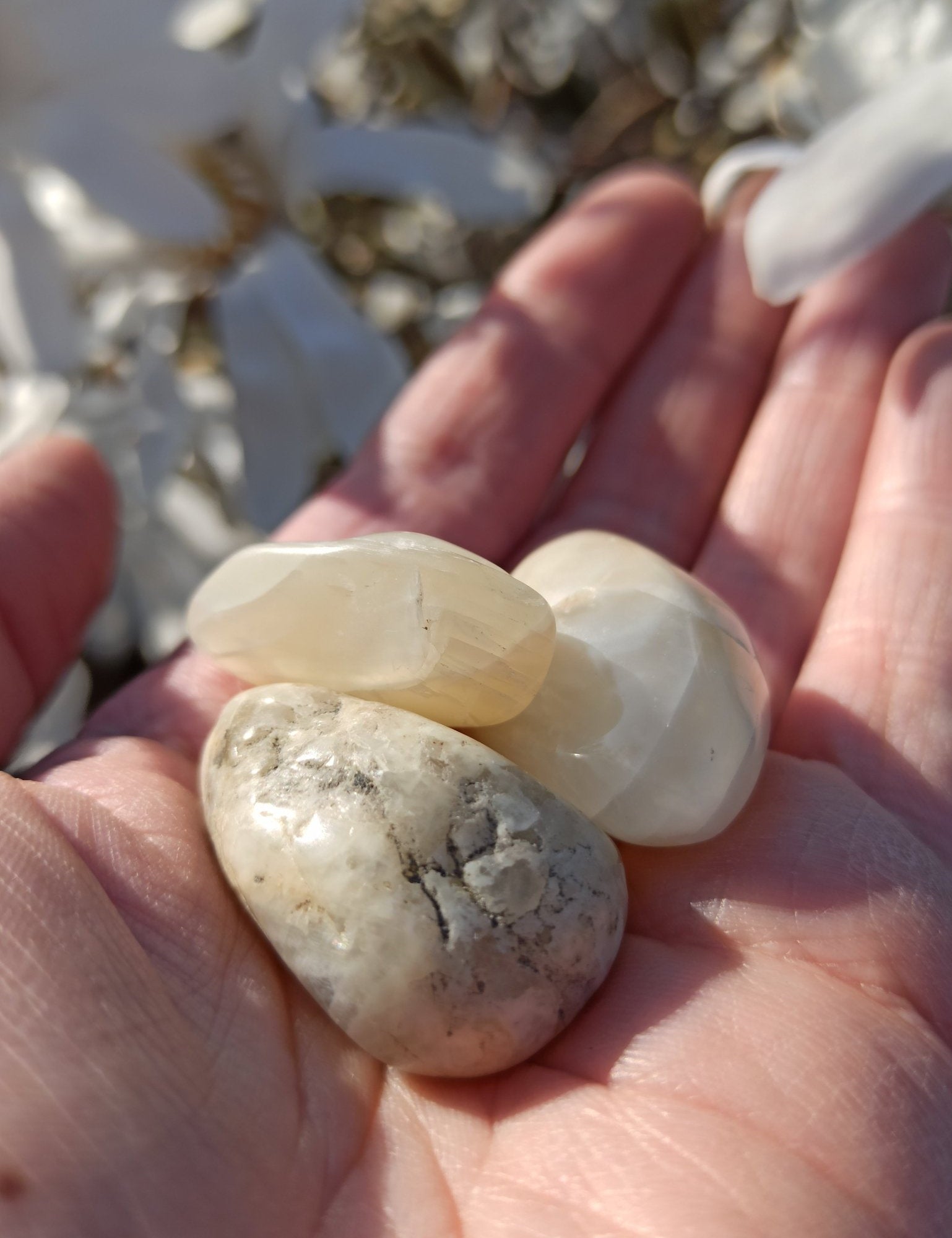 Maansteen trommelstenen – curated crystal by Marga Jacobs | rust, symboliek en intuïtieve zelfzorg