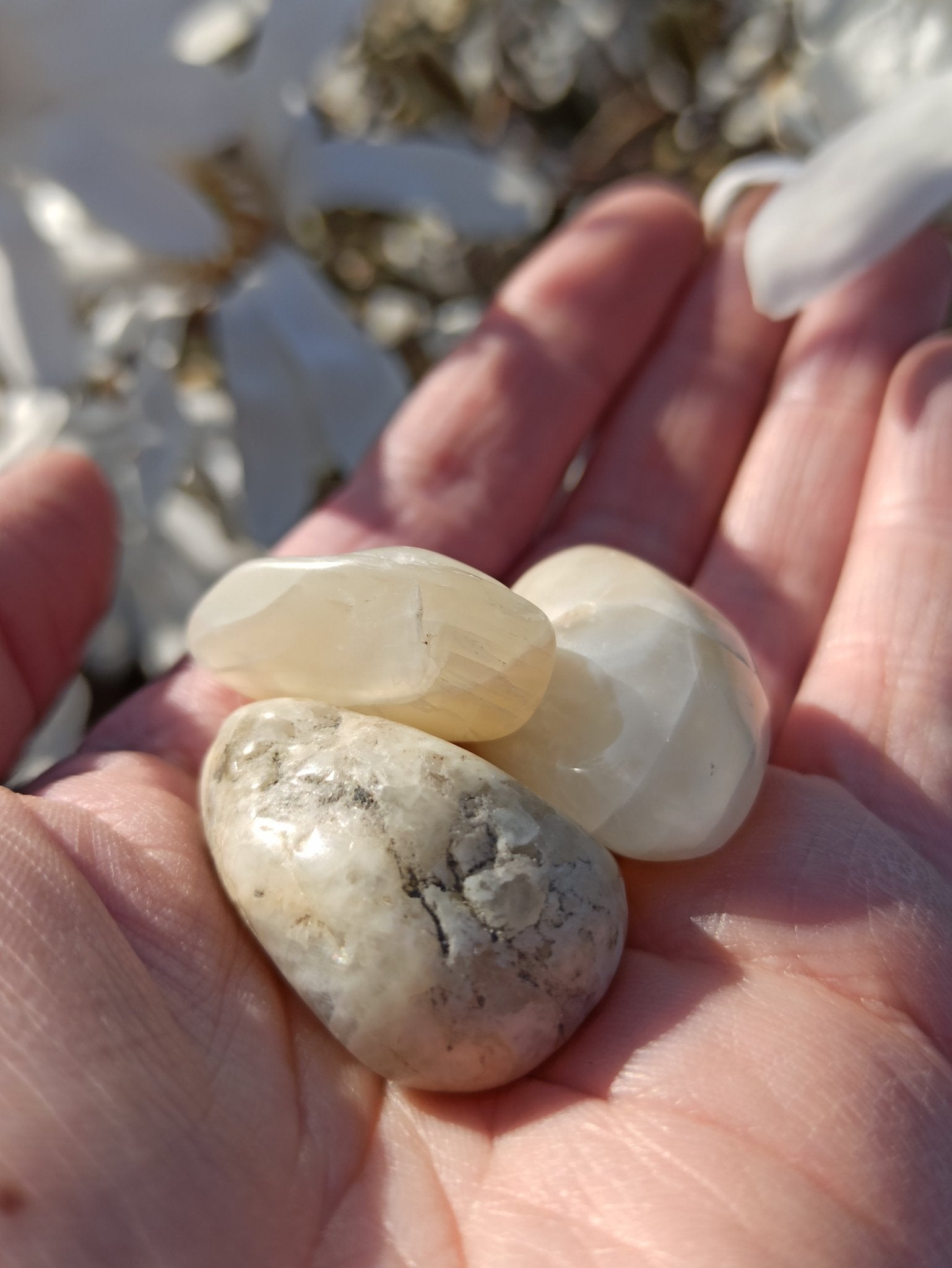 Maansteen trommelstenen – curated crystal by Marga Jacobs | rust, symboliek en intuïtieve zelfzorg