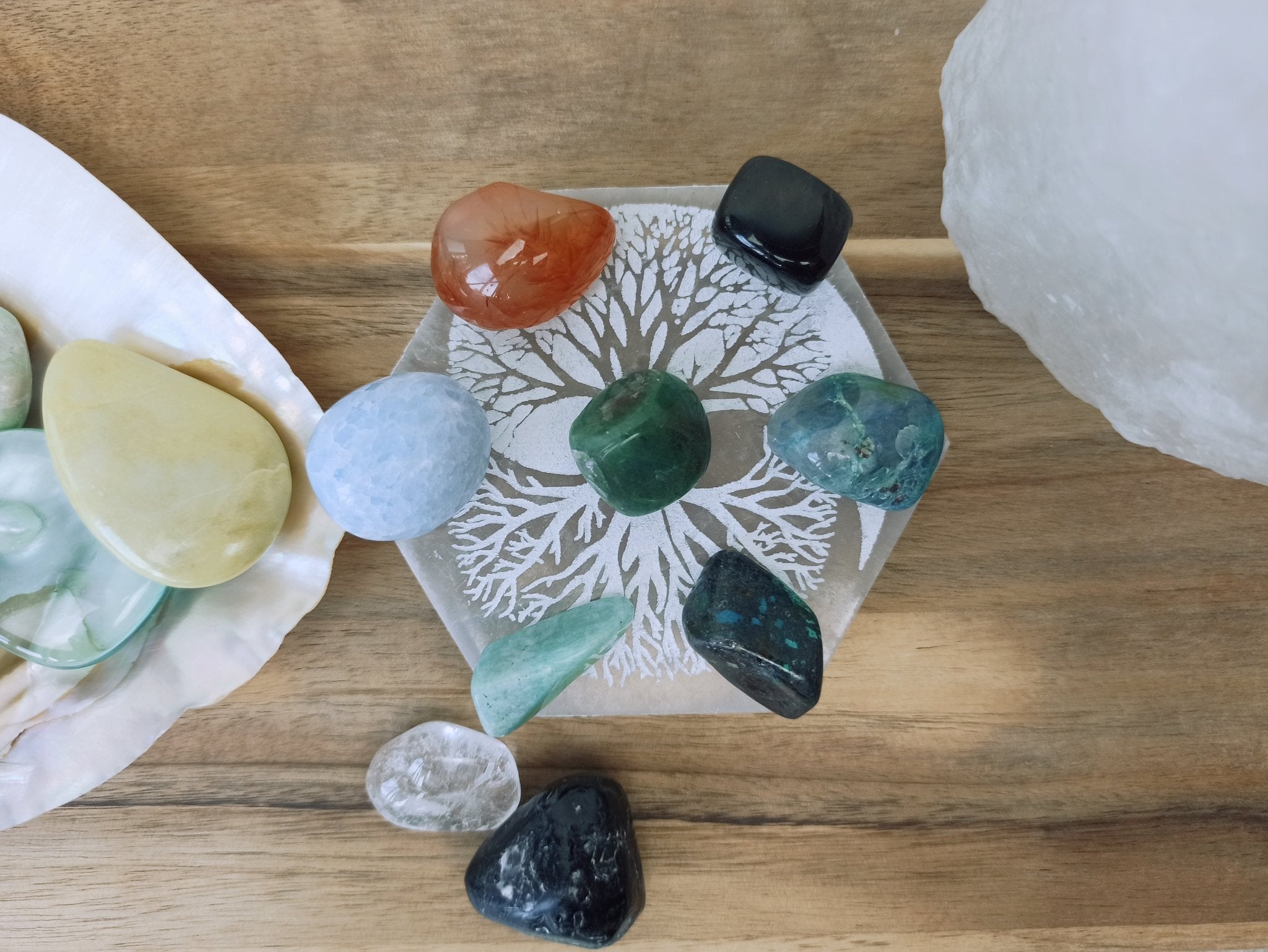 Oplaadsteen levensboom wit | zeskant – curated crystal by Marga Jacobs | rust, symboliek en intuïtieve zelfzorg